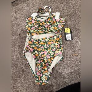 Green Floral Kids One-Piece halter Swimsuit with cover up skirt